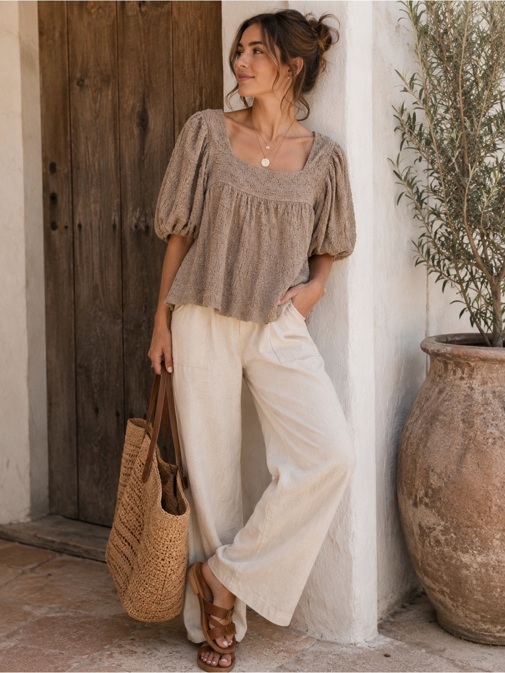 Things Between Textured Peasant Blouse Taupe Puff Sleeve Cottagecore Top Size M